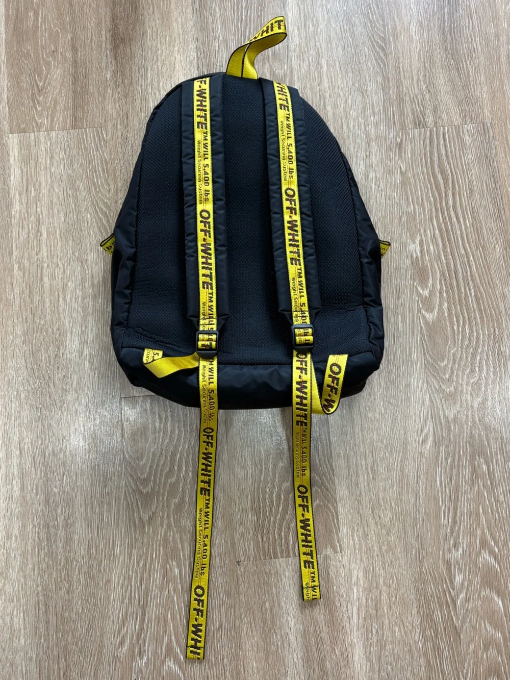 Off-White Black Backpack with White Arrow Graphic and Yellow Straps